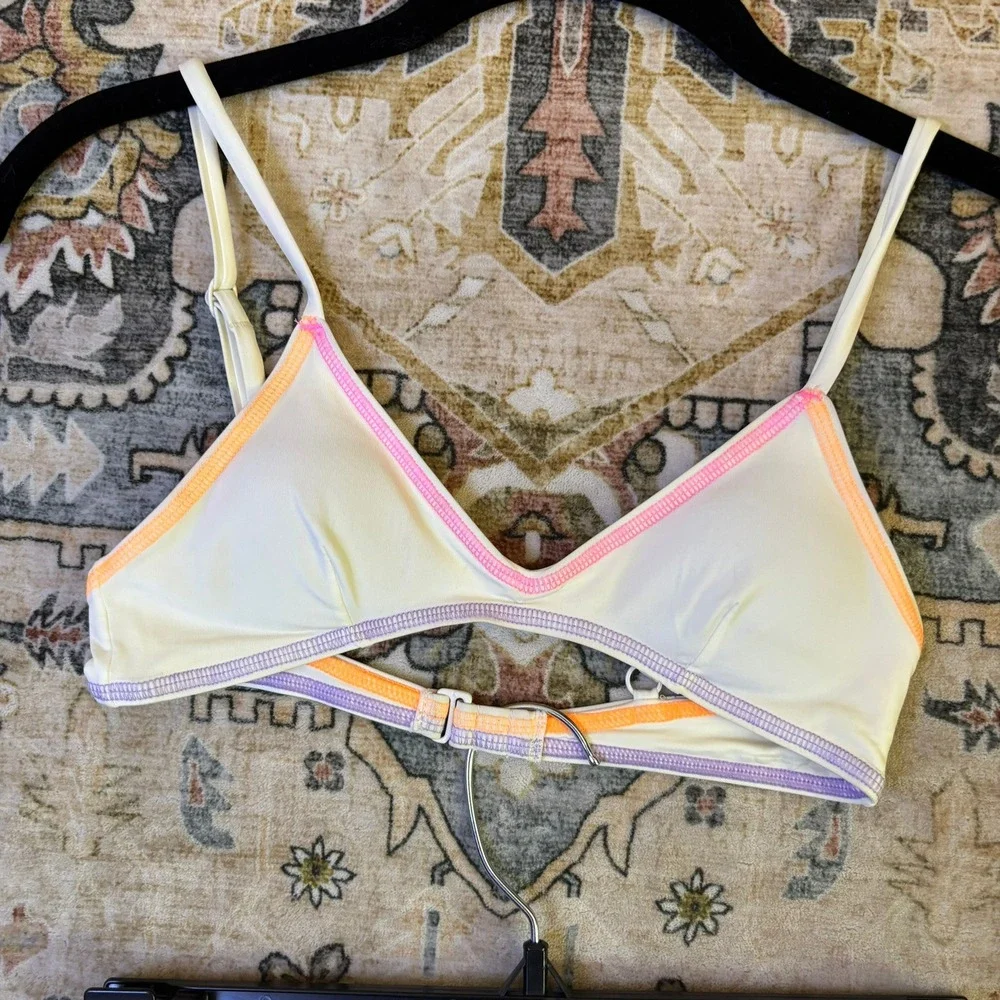 ONEONE Bikini Set Cream Neon Rainbow Stitch Cutout Triangle Top High Cut Bottoms
